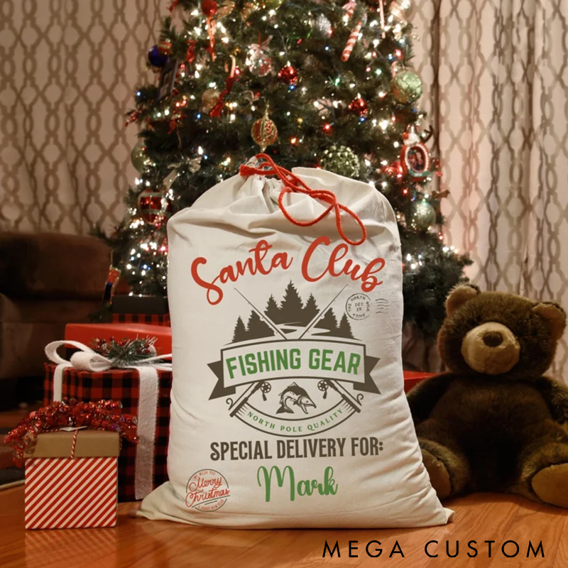 Personalized Fishing Santa Gift Bag Custom Name Christmas Sack for Fishing Enthusiasts Perfect Holiday Gift and Festive Decoration