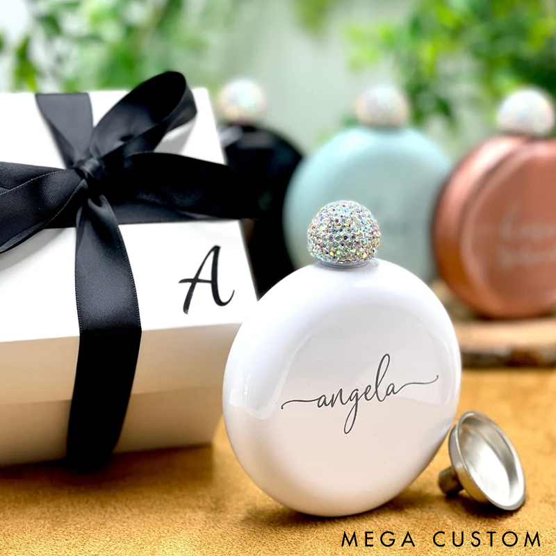 Personalized Rhinestone Flask Funny Bridesmaid Gift or Valentine's Day Gift for Her Custom Flask for Girls Trip or Wedding Party Perfect for Bridesmaid Gifts Birthdays and Special Occasions