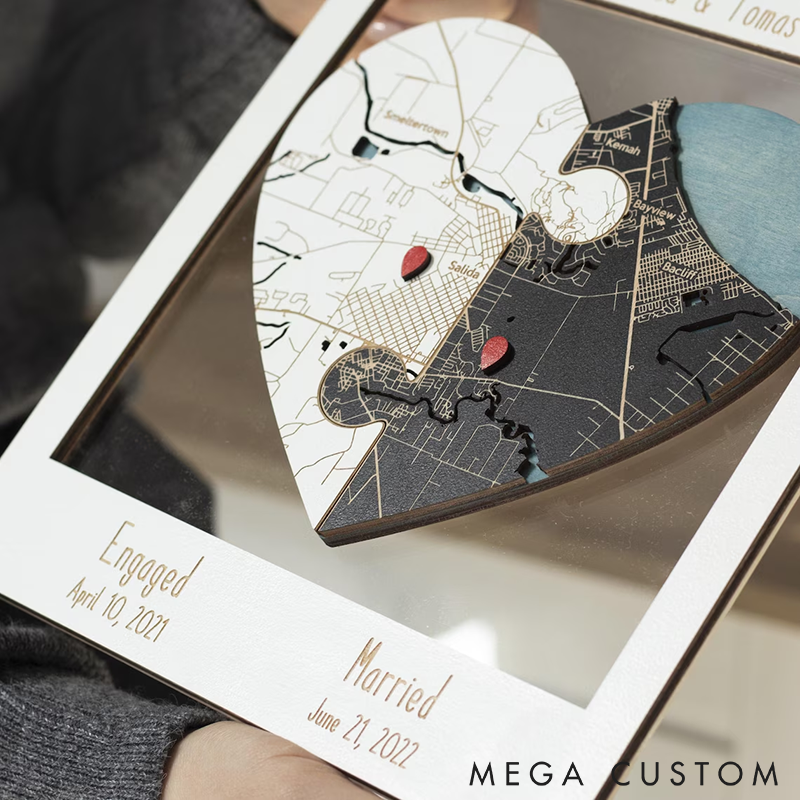 Personalized Heart Map Art Two Locations Heart Puzzle Map Wooden Framed Wall Art Unique Gift for Engagement Wedding or Anniversary