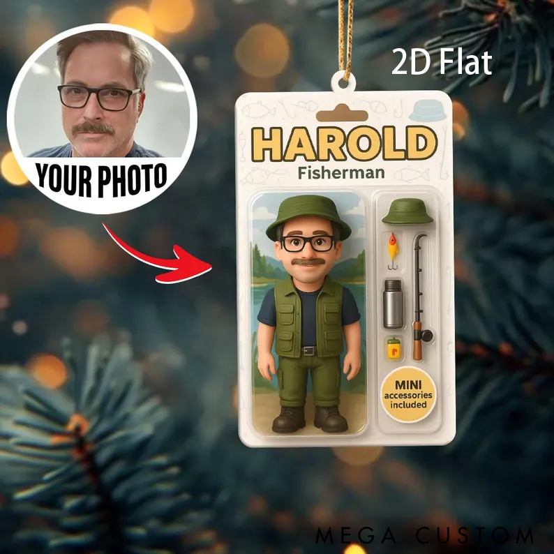 Personalized Fisherman Ornament 2D Flat Cartoon Fisherman Ornament Fishing Christmas Tree Ornament Custom Photo Perfect Gift for Fishing Enthusiasts