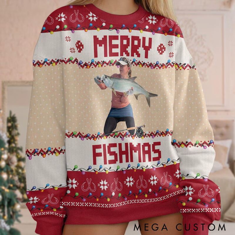 Personalized Merry Fishmas Sweater Photo Merry Fishmas Ugly Christmas Sweater Funny Fishing Themed Holiday Apparel Perfect Gift for Anglers Festive and Cozy Winter Wear 