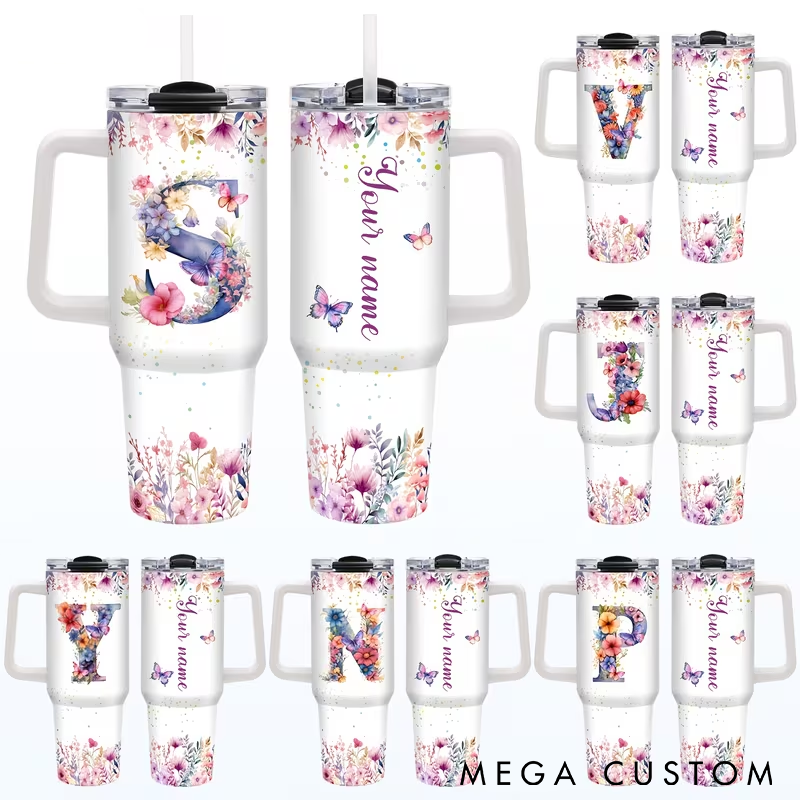 Personalized Tumbler with Handle with Floral Design Stainless Steel Custom Name Insulated for Hot and Cold Drinks Perfect Gift for Women