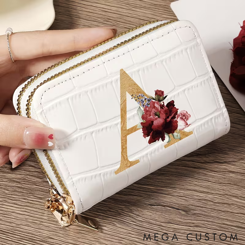 Personalized Small Wallet Custom Initial PU Leather Card Holder with Zipper Compact and Stylish Design for Cash Cards and Coins