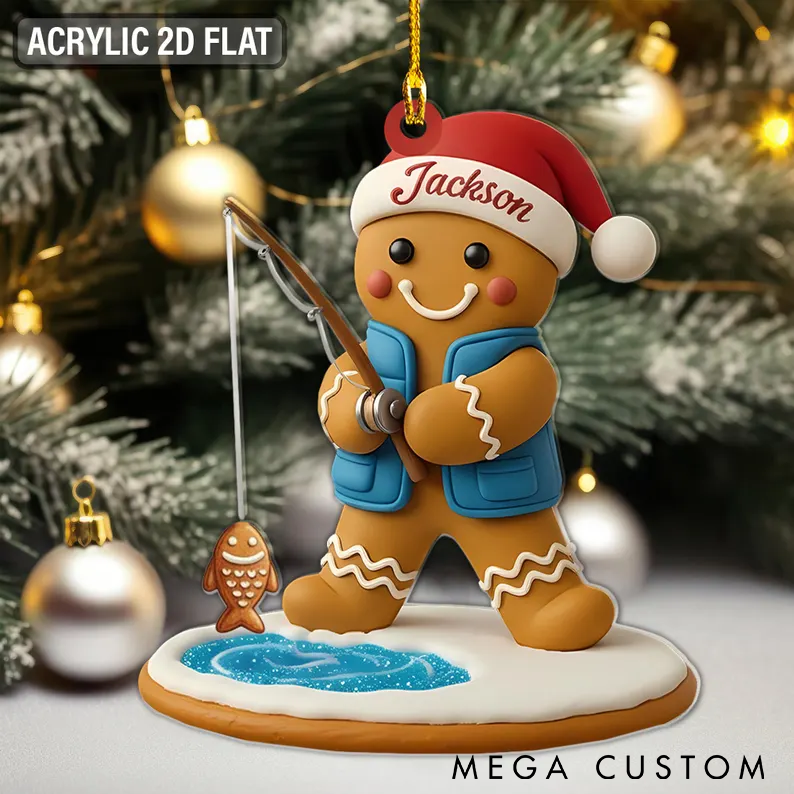 Personalized Gingerbread Fishing Ornament Fishing Christmas Ornament Custom Name Acrylic 2D Flat Design Cute Christmas Tree Decoration for Fishing Lovers