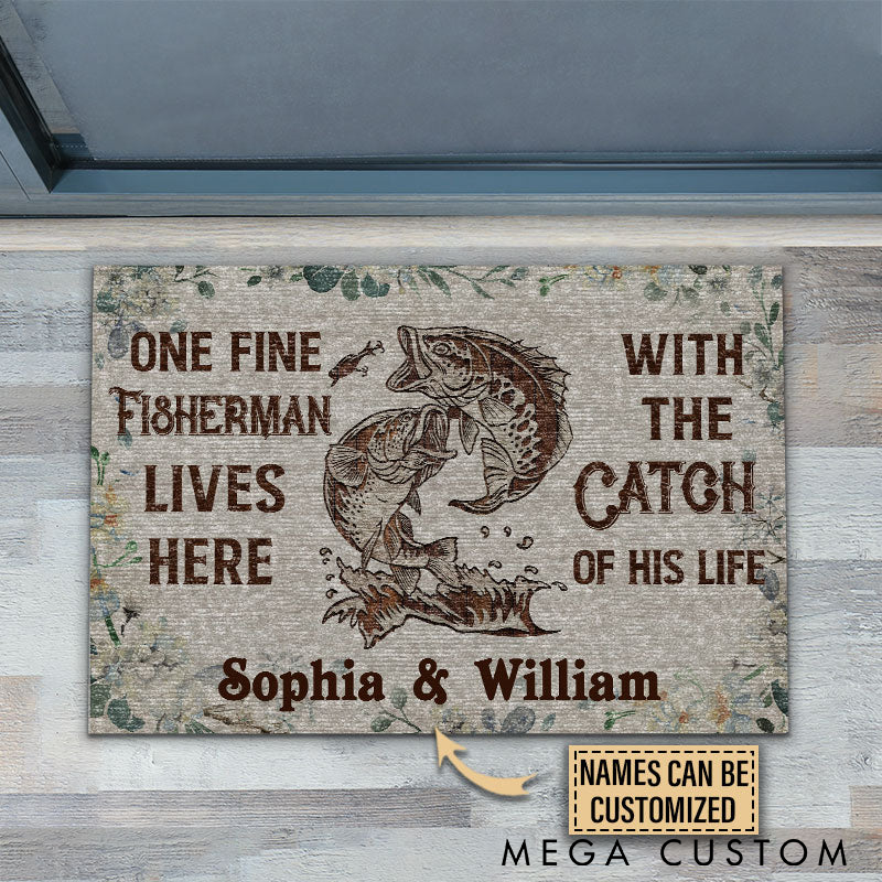 Personalized Fishing Doormat Custom Names Durable Non-Slip Mat with Fun Fisherman and Catch Design Perfect Gift for Fishing Lovers