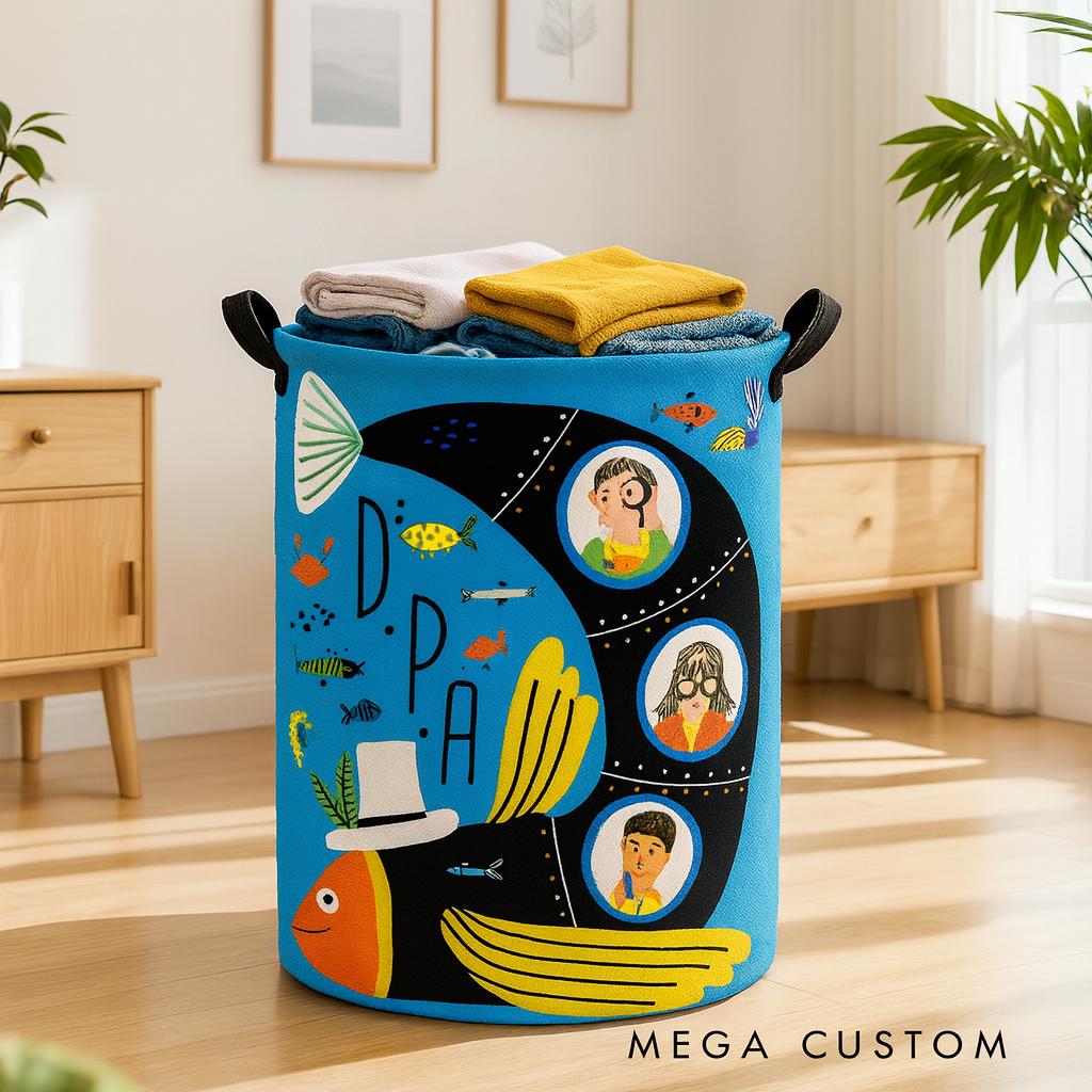 Personalized Family Submarine Voyage Hand Drawn Print Large Waterproof Laundry Hamper with Handles Custom Family Members Initials Embroidery Kids Holiday Gift