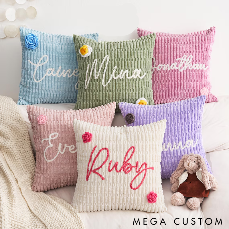 Personalized Knitted Throw Pillow Custom Name and Floral Accents Soft and Cozy Multiple Colors Perfect for Home Decor or Gifts
