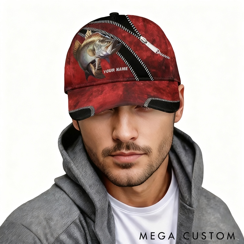 Personalized Fishing Hat Bass Fishing Cap Unique Zipper Design Custom Name Vibrant Bass Print Stylish and Personalized Cap for Fishing Enthusiasts