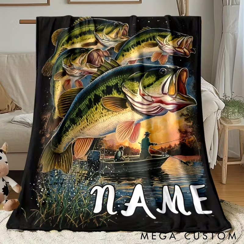 Personalized Fishing Blanket Funny Fishing Blanket Custom Name Vibrant Bass Design Cozy and Soft Perfect Gift for Anglers and Outdoor Enthusiasts