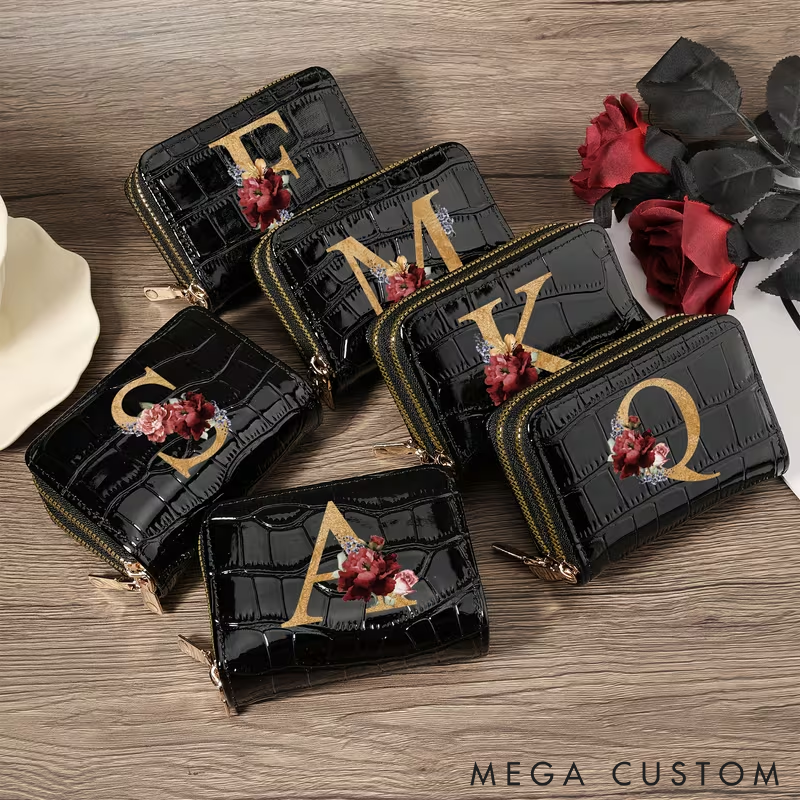 Personalized Small Wallet Custom Initial PU Leather Card Holder with Zipper Compact and Stylish Design for Cash Cards and Coins