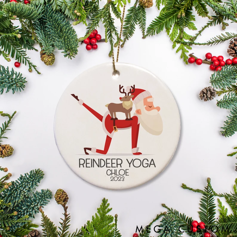 Personalized Reindeer Yoga Ornament Custom Name and Time Funny Christmas Decor for Yoga Lovers Perfect Holiday Gift Idea