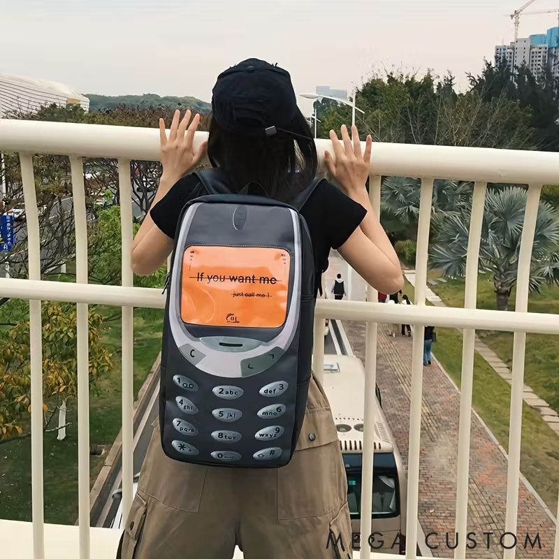 Retro Cell Phone Backpack Couple's Backpack with Playful Phone Print Unique Waterproof Design Spacious and Adjustable Perfect for Daily Use Travel or Gifts