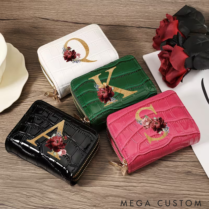 Personalized Small Wallet Custom Initial PU Leather Card Holder with Zipper Compact and Stylish Design for Cash Cards and Coins