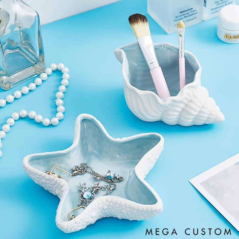 Ocean-Themed Ceramic Jewelry Dish Handmade Ceramic Seashell Starfish Conch Clam Tray Elegant Organizer for Accessories Keys and Coins Decorative Home Gift