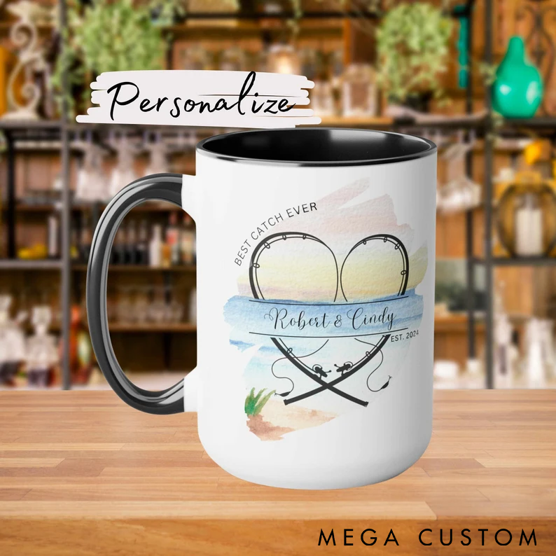 Personalized Fishing Mug Best Catch Ever Design Custom Names and Time Perfect Gift for Couples and Fishing Lovers
