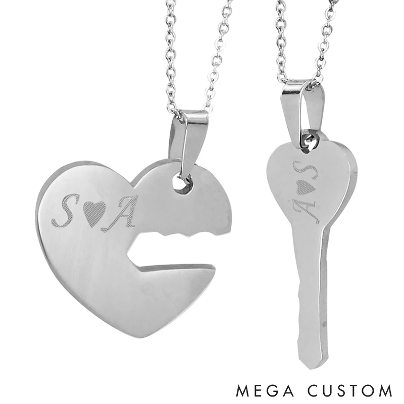Personalized Couples Heart and Key Necklace Set Couples Jewelry Heart Necklace Key to My Heart Necklace Romantic Gift for Anniversaries Valentine's Day or Special Occasions