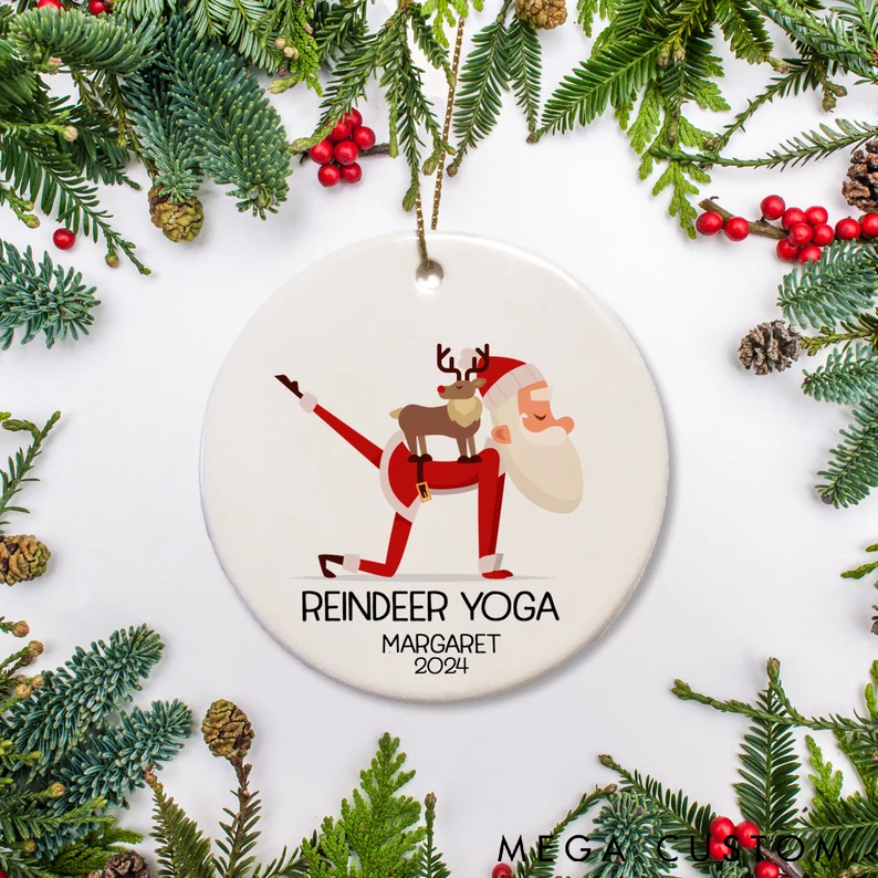 Personalized Reindeer Yoga Ornament Custom Name and Time Funny Christmas Decor for Yoga Lovers Perfect Holiday Gift Idea