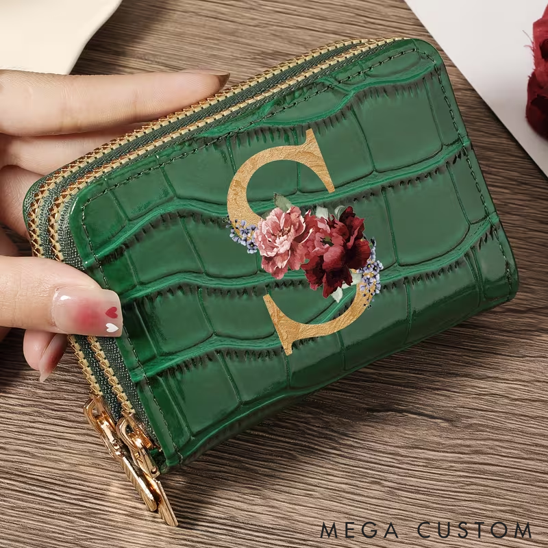 Personalized Small Wallet Custom Initial PU Leather Card Holder with Zipper Compact and Stylish Design for Cash Cards and Coins