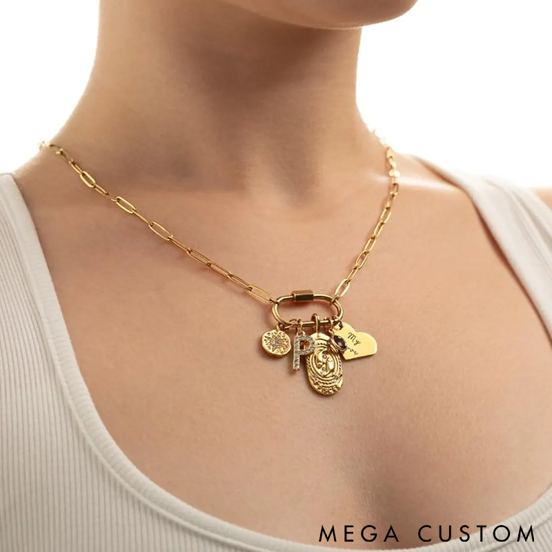Personalized Charm Necklace Engraved Pendant with Charms Pearl and Gemstone Perfect Gift for Women Mom or Loved Ones