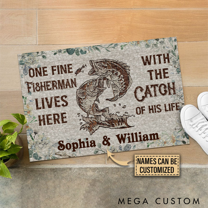 Personalized Fishing Doormat Custom Names Durable Non-Slip Mat with Fun Fisherman and Catch Design Perfect Gift for Fishing Lovers