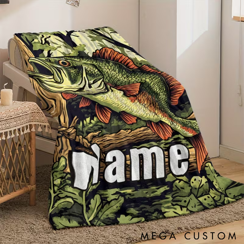 Personalized Fishing Blanket Bass Fish Design Custom Name Soft and Cozy Gift for Fishing Enthusiasts and Outdoor Lovers