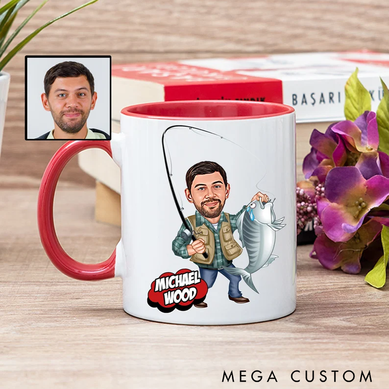 Personalized Fishing Mug Custom Cartoon Portrait and Name Fishing Gifts for Dad from Daughter Grandpa Fishing Mug Fishing Cup Fishing Caricature Gift