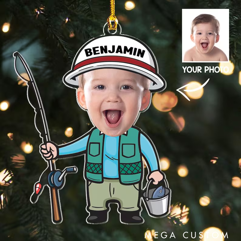 Personalized Fishing Ornament Fishing Photo Ornament Kid Fishing Ornament Fisherman Ornament Photo Ornament Custom Name and Photo Unique Christmas Decoration for Fishing Lovers