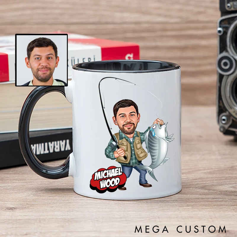 Personalized Fishing Mug Custom Cartoon Portrait and Name Fishing Gifts for Dad from Daughter Grandpa Fishing Mug Fishing Cup Fishing Caricature Gift