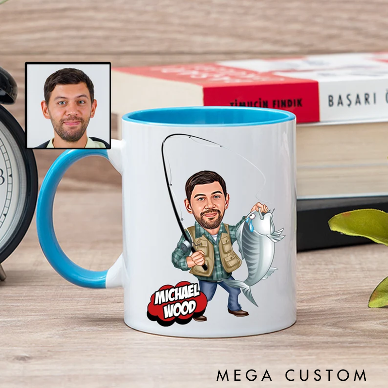 Personalized Fishing Mug Custom Cartoon Portrait and Name Fishing Gifts for Dad from Daughter Grandpa Fishing Mug Fishing Cup Fishing Caricature Gift