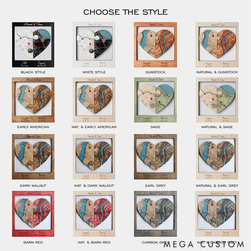 Personalized Heart Map Art Two Locations Heart Puzzle Map Wooden Framed Wall Art Unique Gift for Engagement Wedding or Anniversary