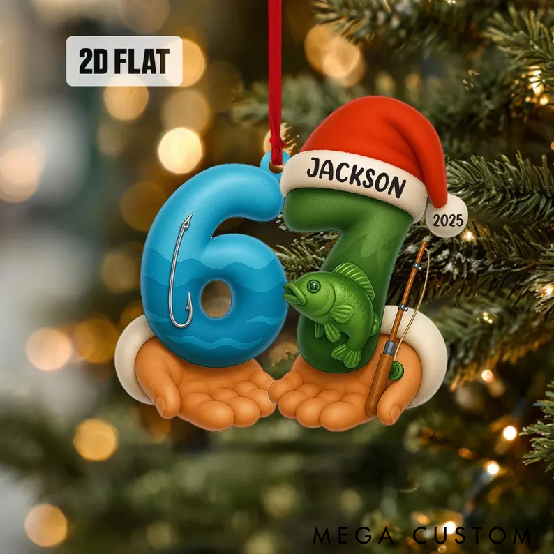 Personalized Fishing Christmas Ornament Funny Six Seven Christmas Tree Ornament Custom Name and Time Unique 2D Flat Design with Fish and Hook Perfect for Fishing Enthusiasts