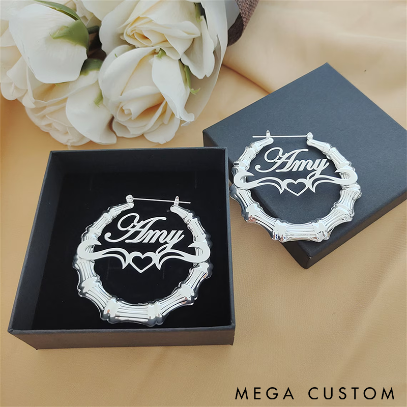 Personalized Bamboo Hoop Earrings Custom Name Jewelry with Heart Design Unique Gift for Women Stylish and Lightweight Accessories