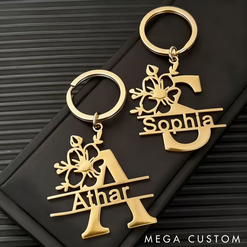 Personalized Initial Keychain with Custom Name Elegant Floral Design Metal Keyring Perfect for Gifts and Everyday Use
