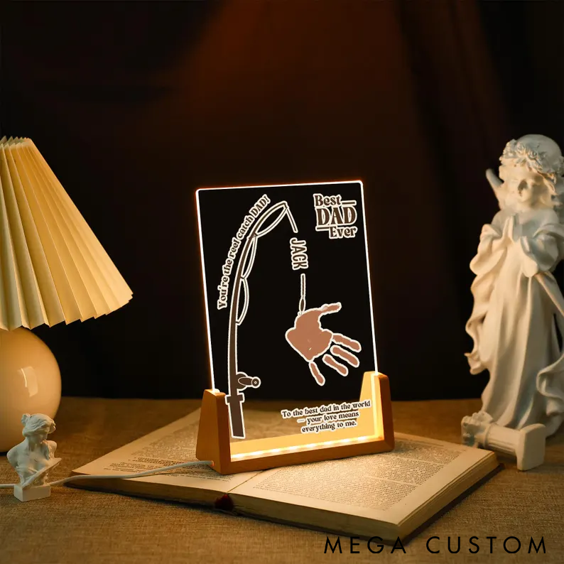 Personalized Fishing Acrylic Night Light Custom Title Names and Handprint Perfect Father's Day Gift for Fishing Lovers Unique Desk Decor
