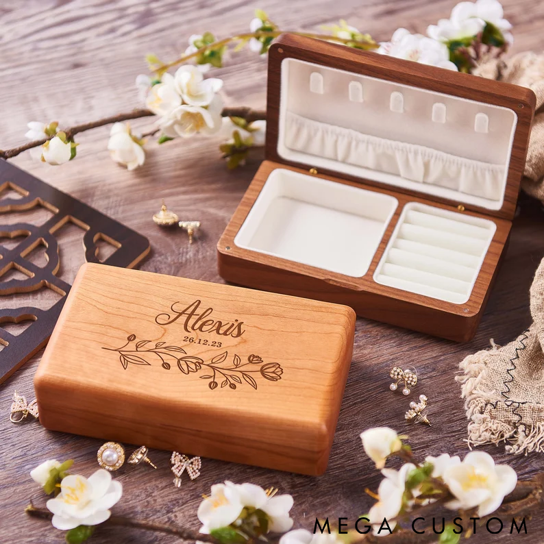 Personalized Wooden Jewelry Box Custom Name and Time Engraving Elegant Organizer for Rings Earrings and Necklaces Perfect Gift for Women