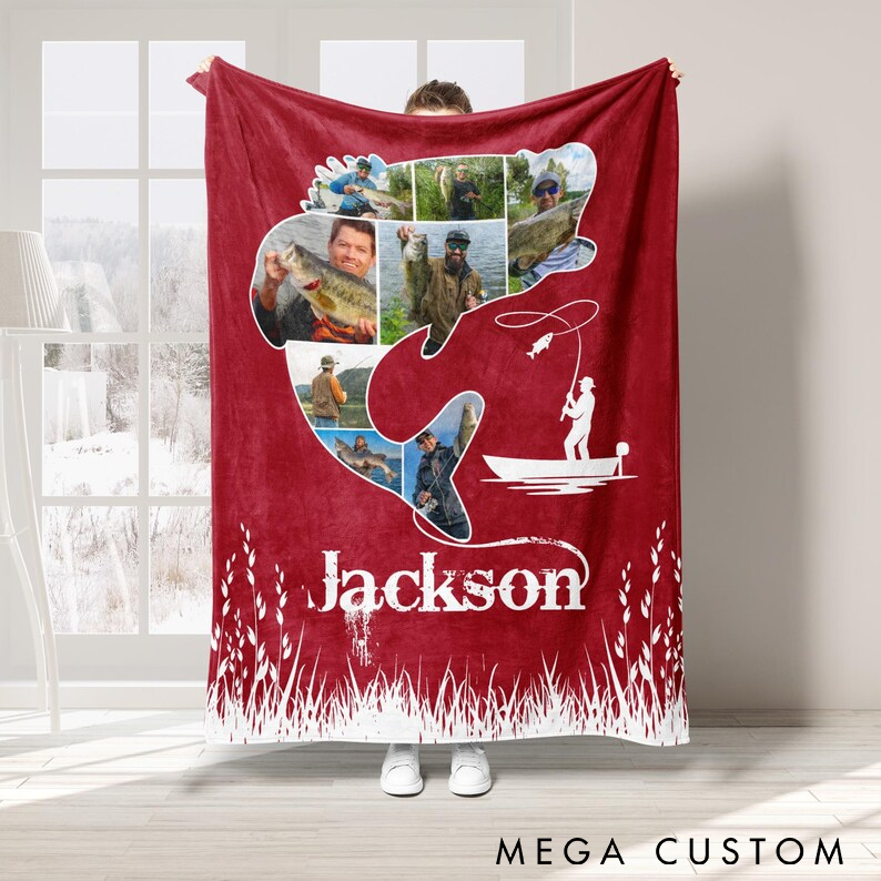 Personalized Fishing Photo Blanket Custom Name Soft Throw with Fish Shape Collage Perfect Gift for Fishing Lovers and Outdoor Enthusiasts