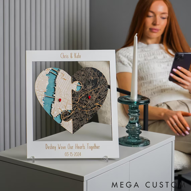 Personalized Heart Map Art Two Locations Heart Puzzle Map Wooden Framed Wall Art Unique Gift for Engagement Wedding or Anniversary