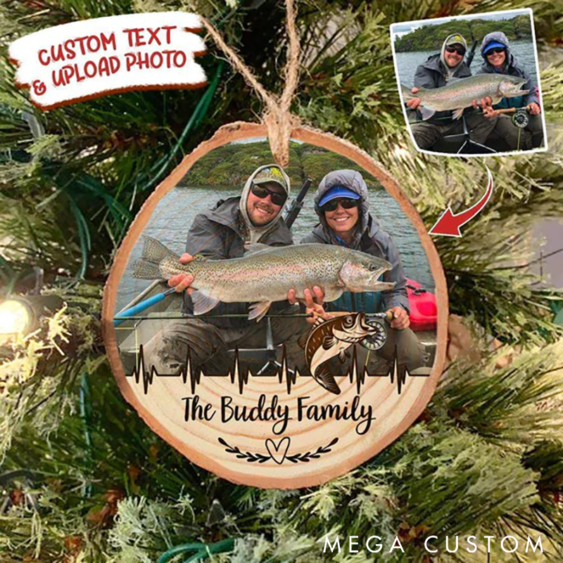 Personalized Fishing Ornament Custom Photo and Text Wooden Christmas Decoration Unique Gift for Fishing Lovers Perfect for Holiday Memories