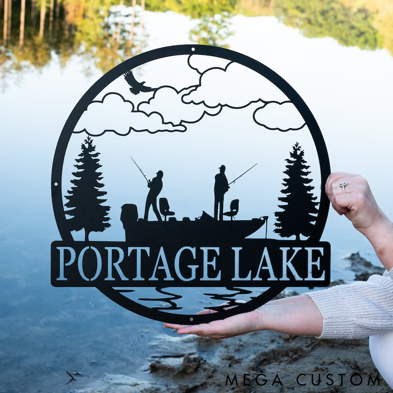 Personalized Metal Fishing Lake Sign Outdoor Cabin Decor Custom Name with Boat and Nature Design Perfect Outdoor Decor for Anglers Cabins and Lake Houses