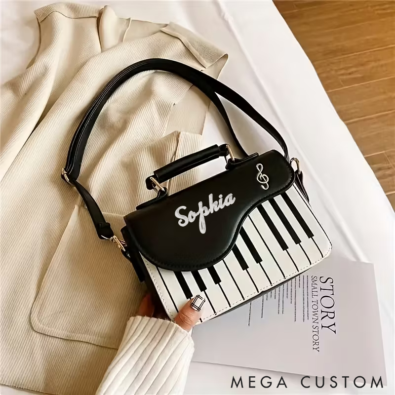 Personalized Piano Keyboard Handbag Custom Name PU Leather Shoulder Bag with Music Design Perfect Gift for Music Lovers and Daily Use