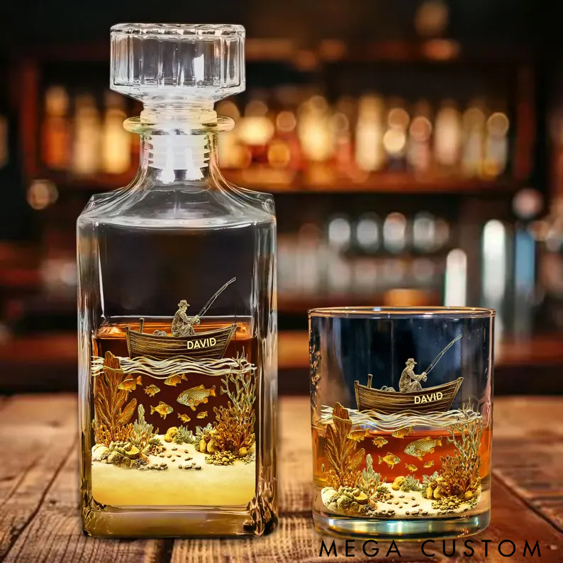 Personalized Fishing Whiskey Bottle and Glass Set Fishing Boat Design Custom Fisherman Gift Whiskey Bottle Gift for Dad Fishing Gift