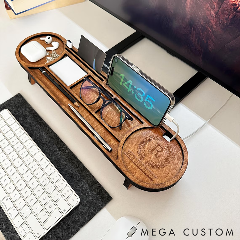 Personalized Wooden Desk Organizer Office Desk Accessories Custom Tablet and Phone Stand Custom Docking Station Multifunctional Office Storage for Phone Glasses Pens and Accessories