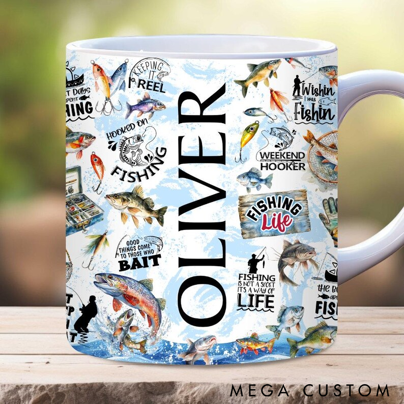 Personalized Fishing Mug Custom Name Ceramic Coffee Cup with Funny Fishing Quotes and Fish Designs Perfect Gift for Fishing Enthusiasts