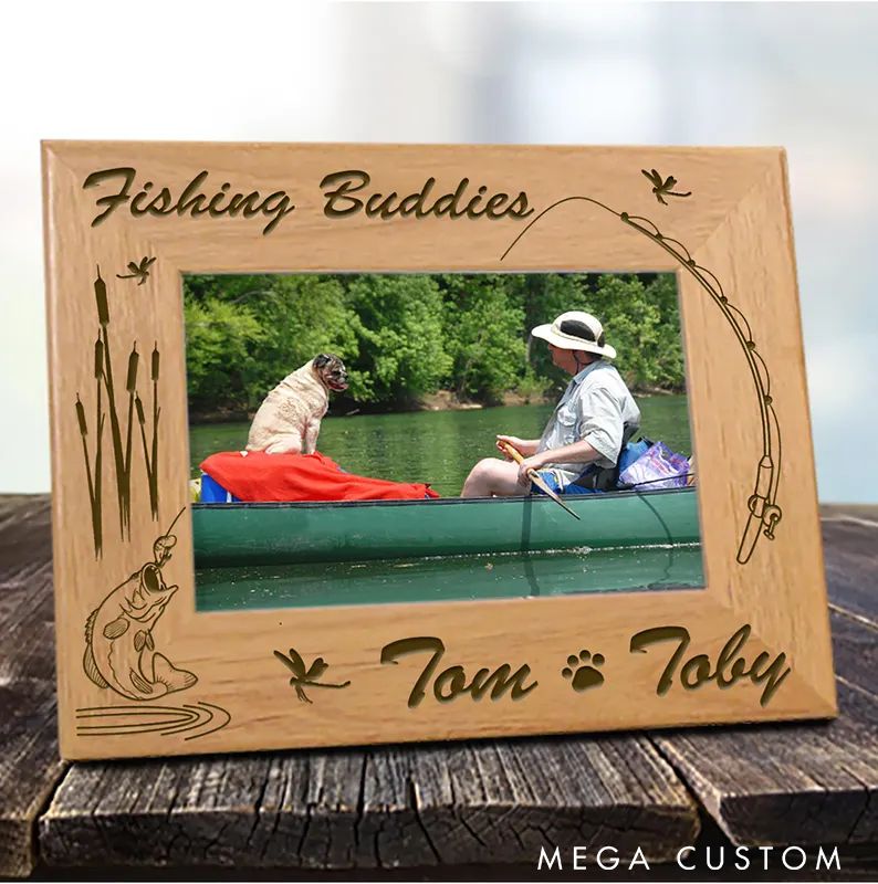 Personalized Wood Picture Frame for Fishermen Fishing Frame for Dad Engraved Wooden Frame for Anglers Perfect Gift to Cherish Fishing Memories with Friends or Pets