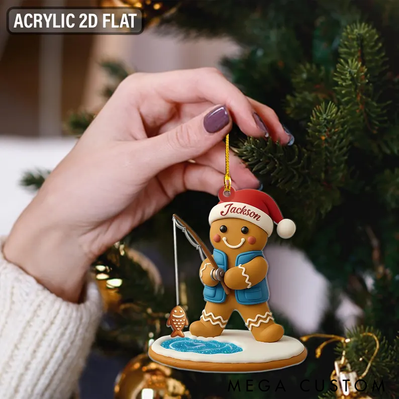Personalized Gingerbread Fishing Ornament Fishing Christmas Ornament Custom Name Acrylic 2D Flat Design Cute Christmas Tree Decoration for Fishing Lovers