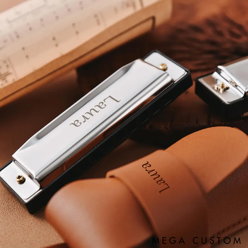 Personalized Harmonica with Custom Engraving Premium Metal Design and Leather Case Perfect Gift for Music Lovers and Beginners