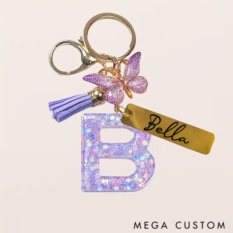 Personalized Glitter Letter Keychain Custom Name Tag with Butterfly Charm and Tassel Stylish Resin Design Perfect for Keys or Bag Accessories