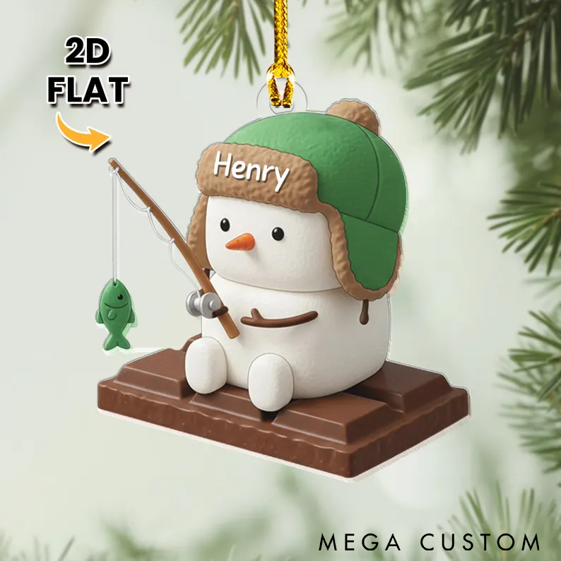 Personalized Snowman Fishing Ornament Ice Fisherman Ornament Custom Name Cute Christmas Tree Decoration for Fishing Enthusiasts