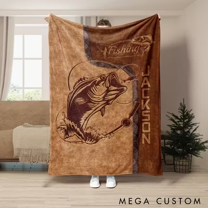 Personalized Fishing Blanket Bass Fish Design Custom Name Soft and Warm Perfect Gift for Anglers and Fishing Enthusiasts