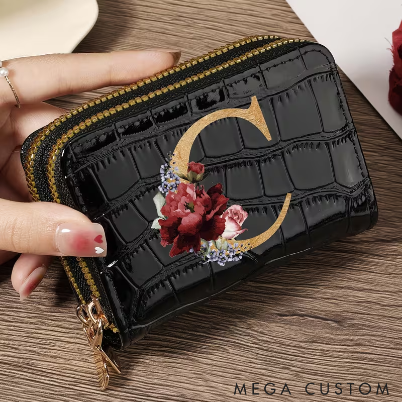 Personalized Small Wallet Custom Initial PU Leather Card Holder with Zipper Compact and Stylish Design for Cash Cards and Coins